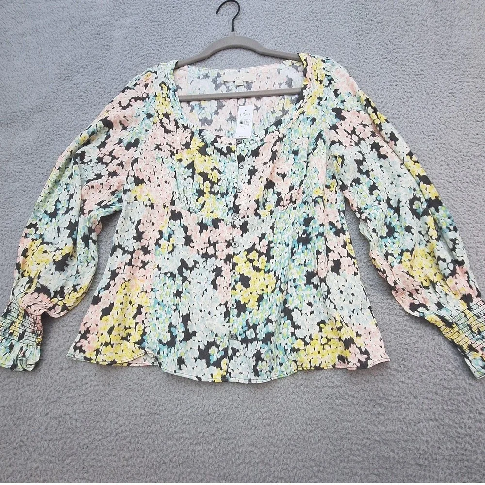 Loft Blouse Womens‎ Medium Black Floral Empire Waist Smocked Boho Cottagecore